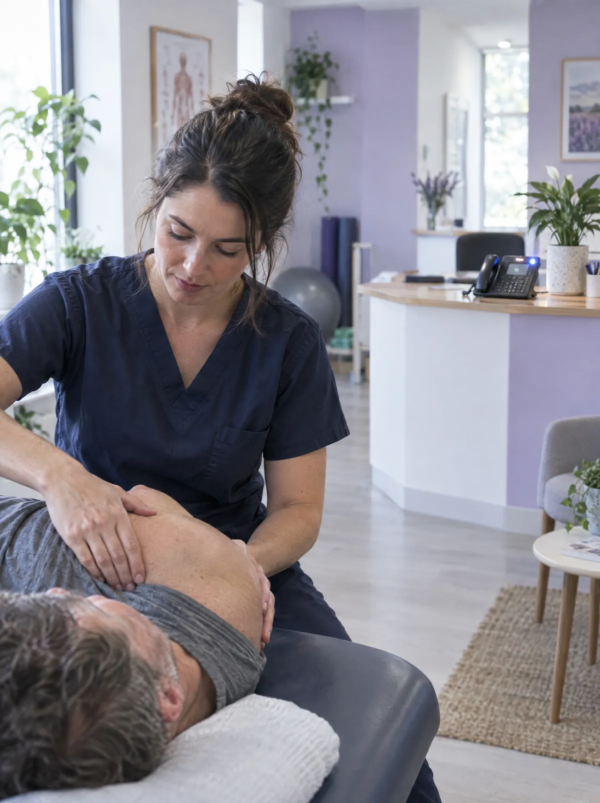 A physiotherapist treating a patient while the front desk phone rings