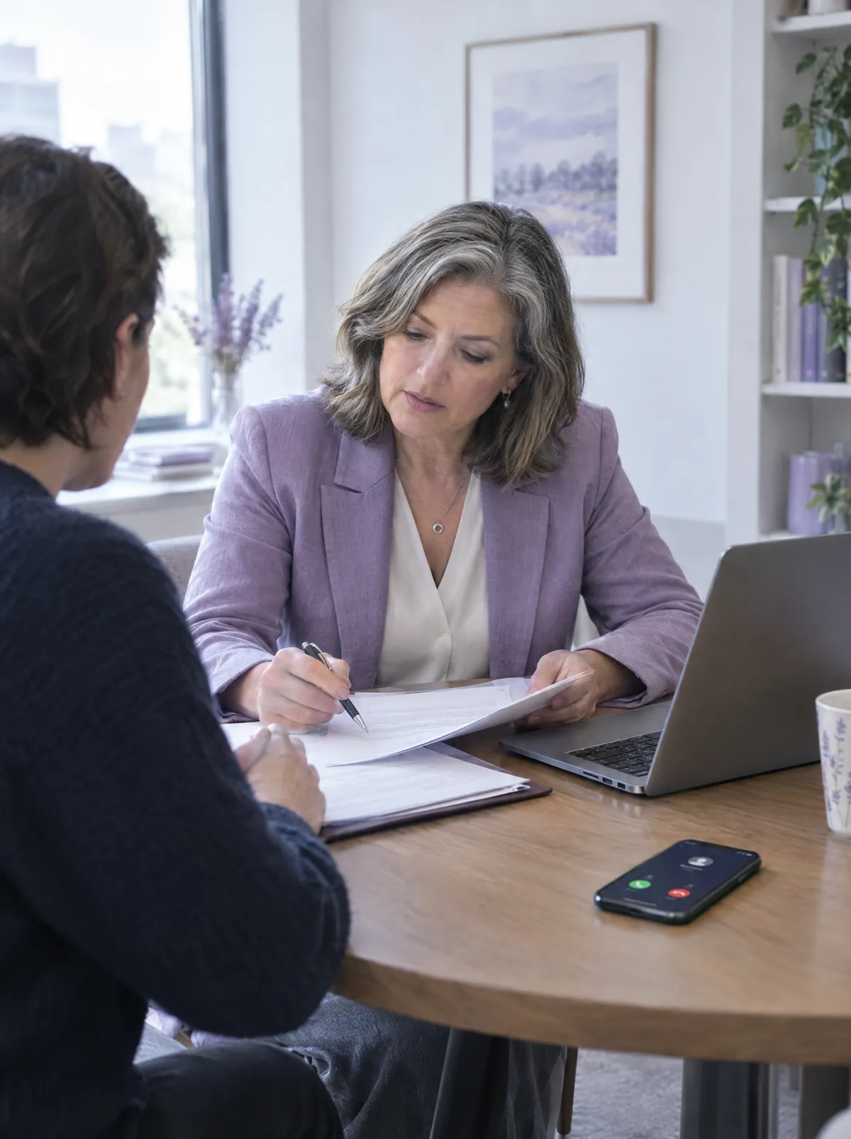 A lawyer in a client meeting with her phone ringing on the table