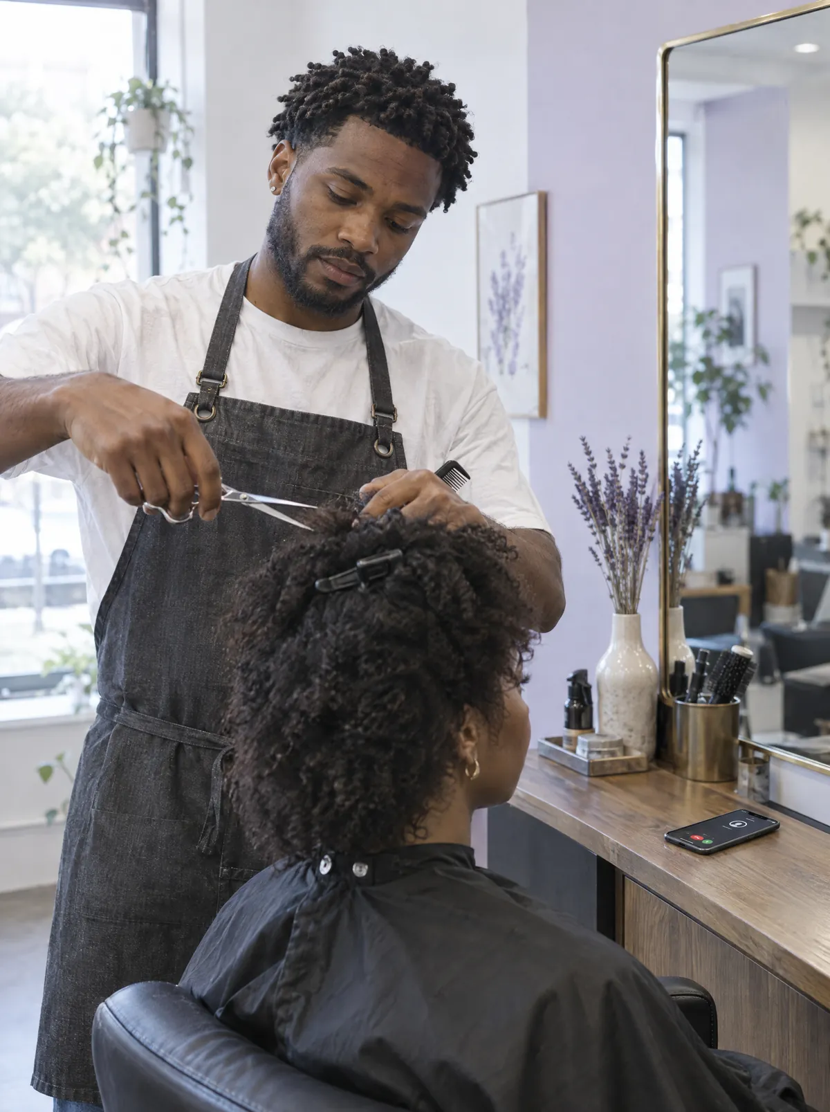 A stylist mid-cut while his phone lights up with a call on the station